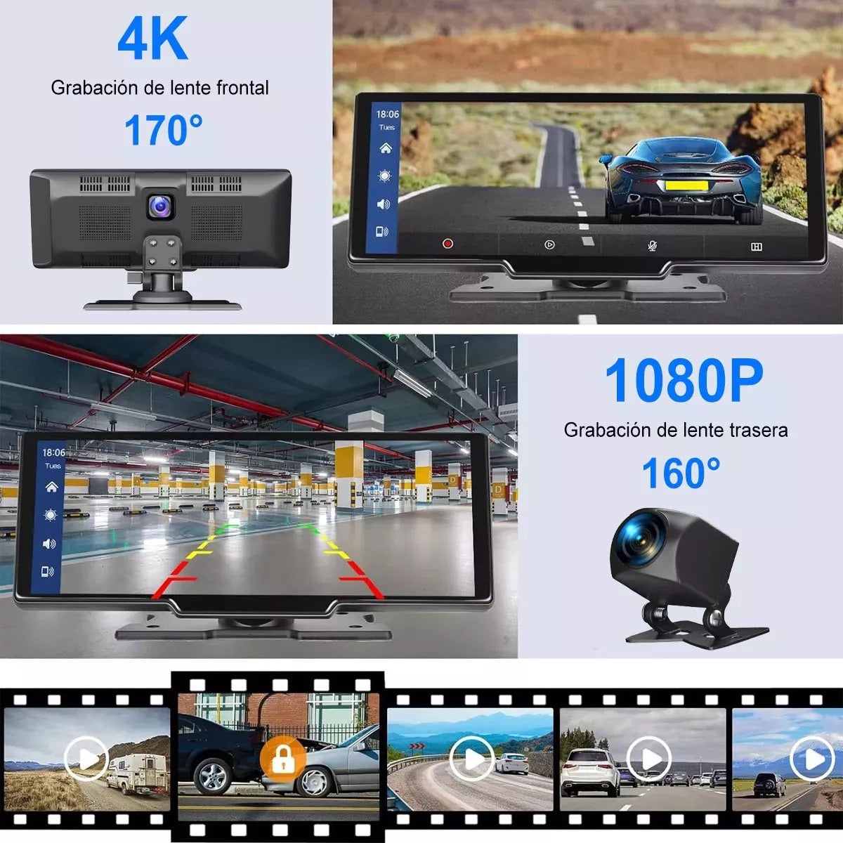 Dashcam Inteligente con Pantalla Táctil y Retrovisor - Compatible con CarPlay y Android Auto