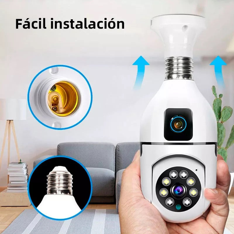 Cámara Inteligente WiFi Tipo Bombilla con Doble Lente - Vigilancia 360°