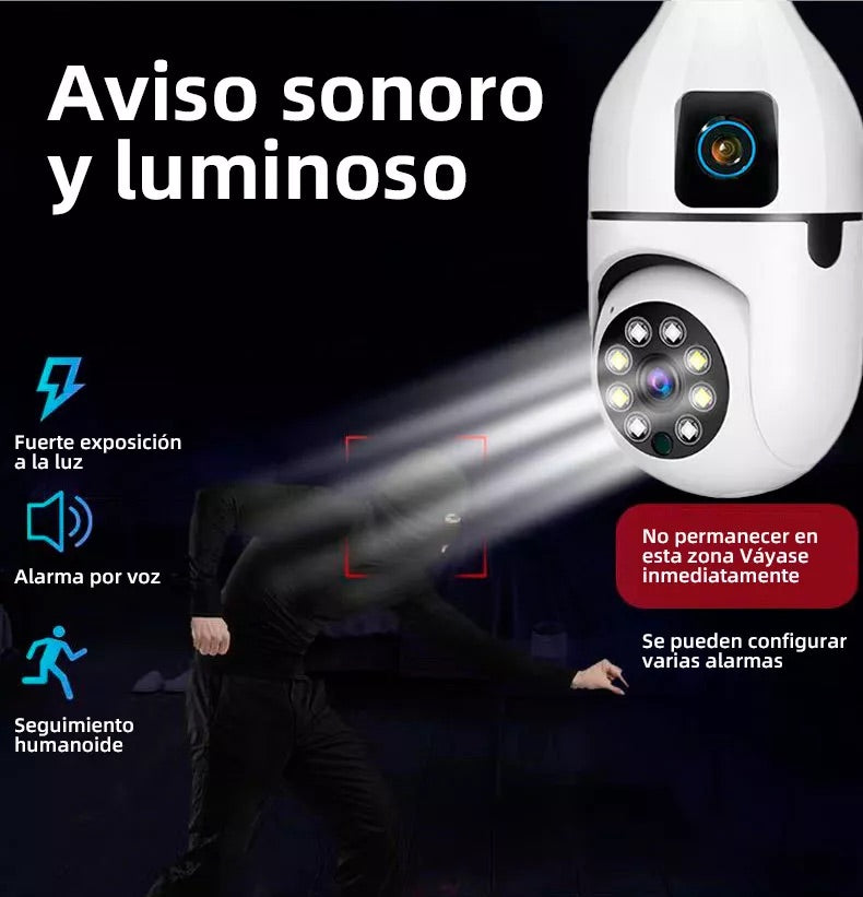 Cámara Inteligente WiFi Tipo Bombilla con Doble Lente - Vigilancia 360°