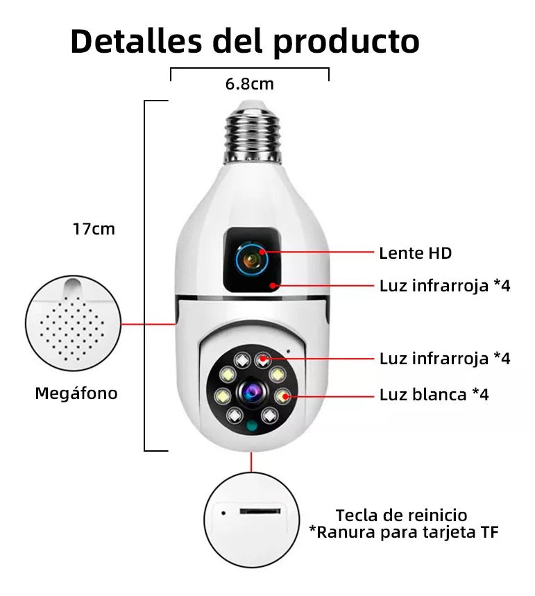 Cámara Inteligente WiFi Tipo Bombilla con Doble Lente - Vigilancia 360°