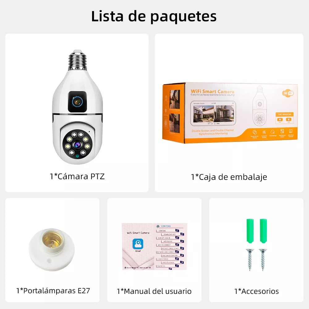 Cámara Inteligente WiFi Tipo Bombilla con Doble Lente - Vigilancia 360°