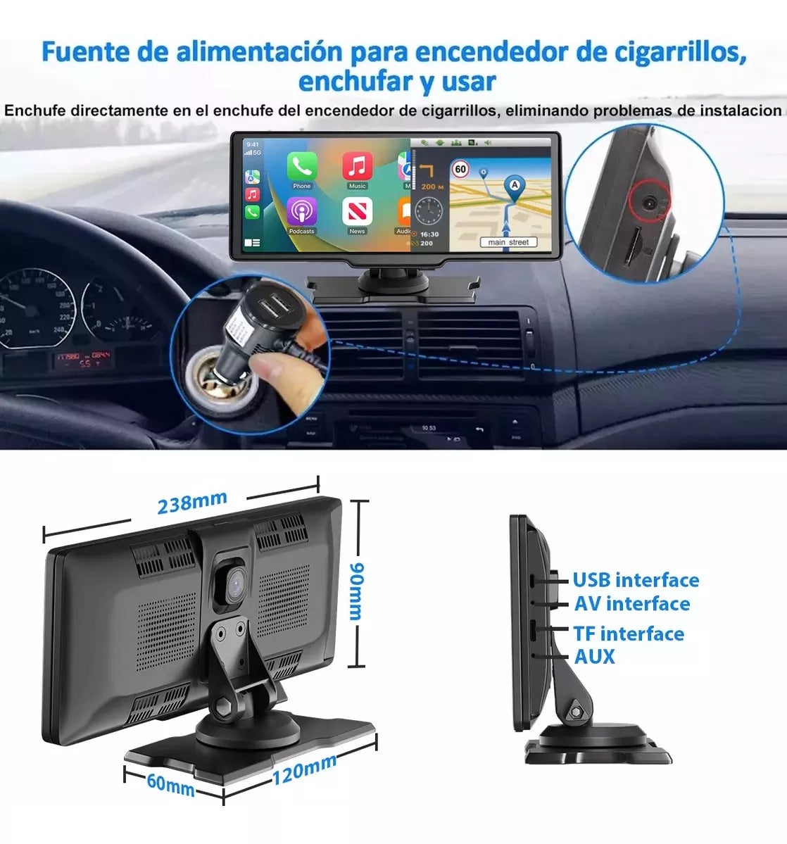 Dashcam Inteligente con Pantalla Táctil y Retrovisor - Compatible con CarPlay y Android Auto