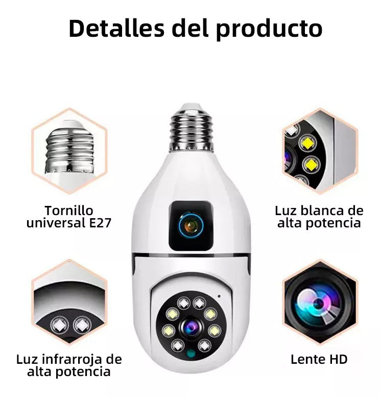 Cámara Inteligente WiFi Tipo Bombilla con Doble Lente - Vigilancia 360°